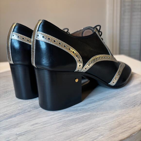 Laurence Dacade Black Leather Heeled Oxfords Gold Trim Women EU 38 US Sz 8 Italy - Picture 5 of 12